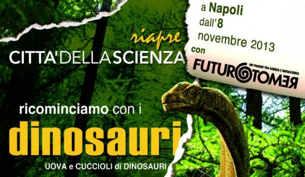 Cartel de la exposición Cachorros de dinosaurios en la Ciudad de las Ciencias en Nápoles