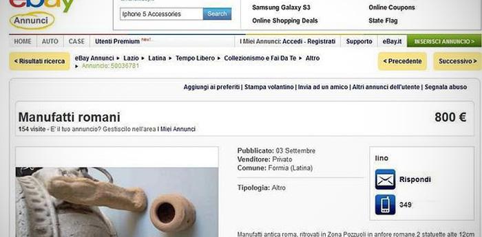 Manufatti romani in vendita sul sito d'aste di eBay