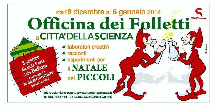 Plakat der Veranstaltung Officina dei Folletti zu Weihnachten in Città della Scienza