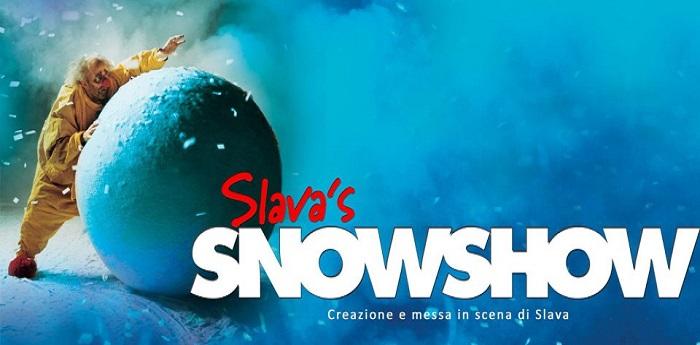 Slava's Snowshow show poster on stage at the Bellini Theater in Naples