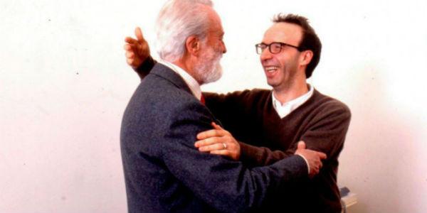 Roberto Benigni e Eugenio Scalfari para o festival La Repubblica delle Idee em Nápoles