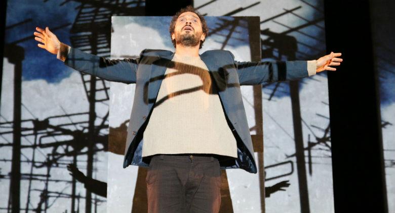 Claudio Santamaria on stage at the Bellini Theater in Naples with Gospodin