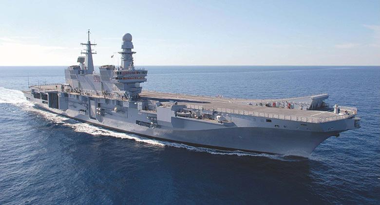 In the Port of Naples the Cavour aircraft carrier and the destroyer Andrea Doria are moored