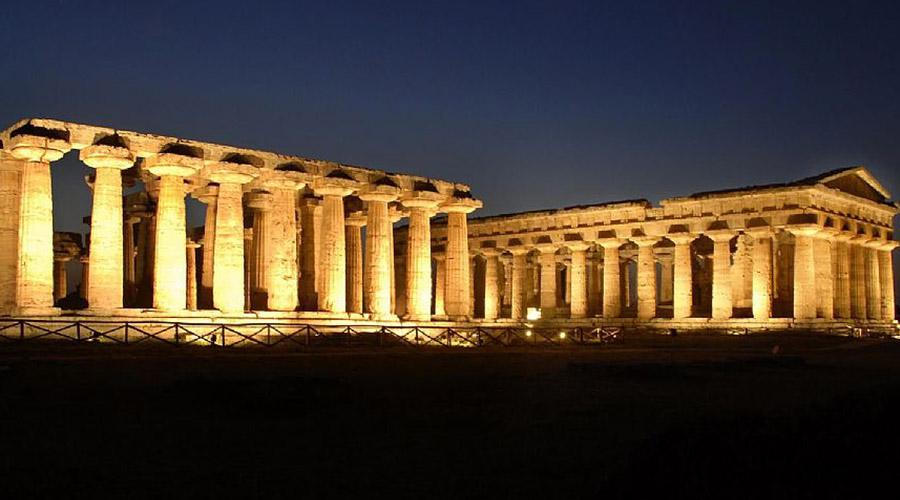 Paestum Archaeological Park at night