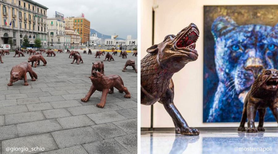 100 loups Piazza Municipio à Naples, l'installation de fer de Liu Ruowang