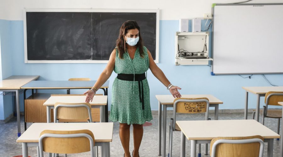 Teacher at school during the pandemic