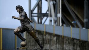 A life-size statue for Maradona at the Fuorigrotta Stadium