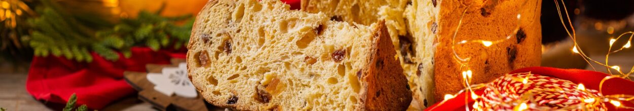 Traditional Italian Christmas cake Panettone with festive decorations