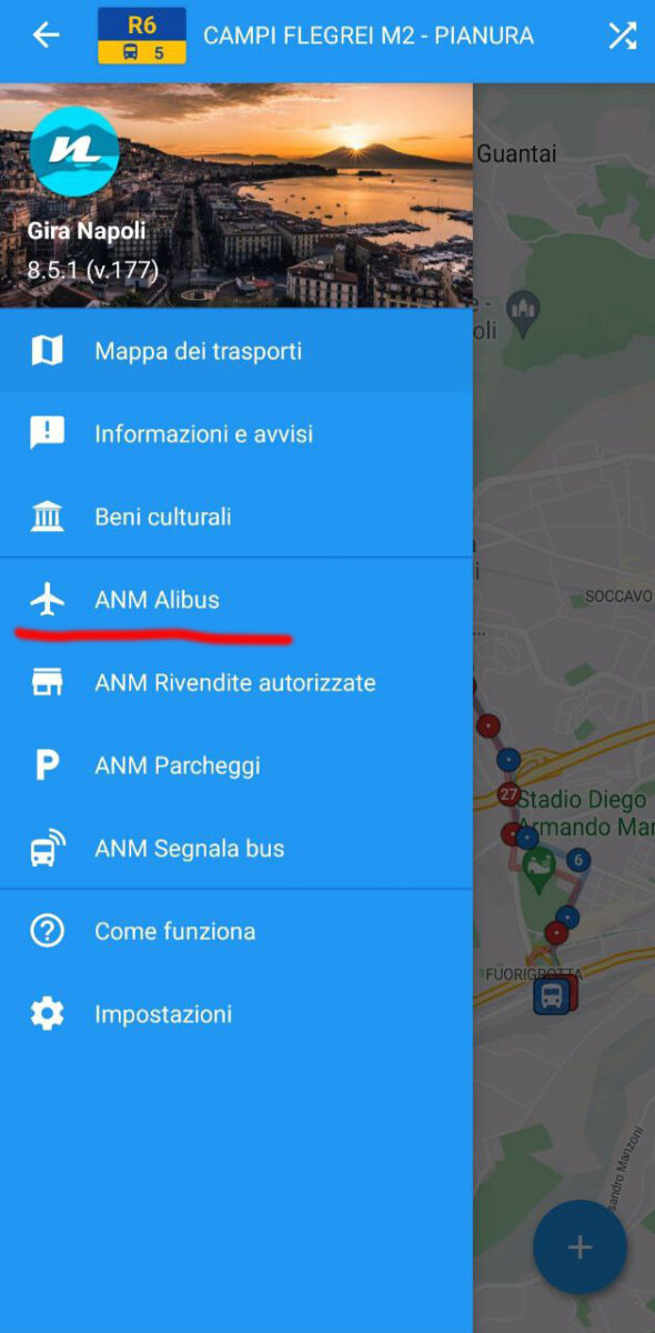 Giranapoli app, menu