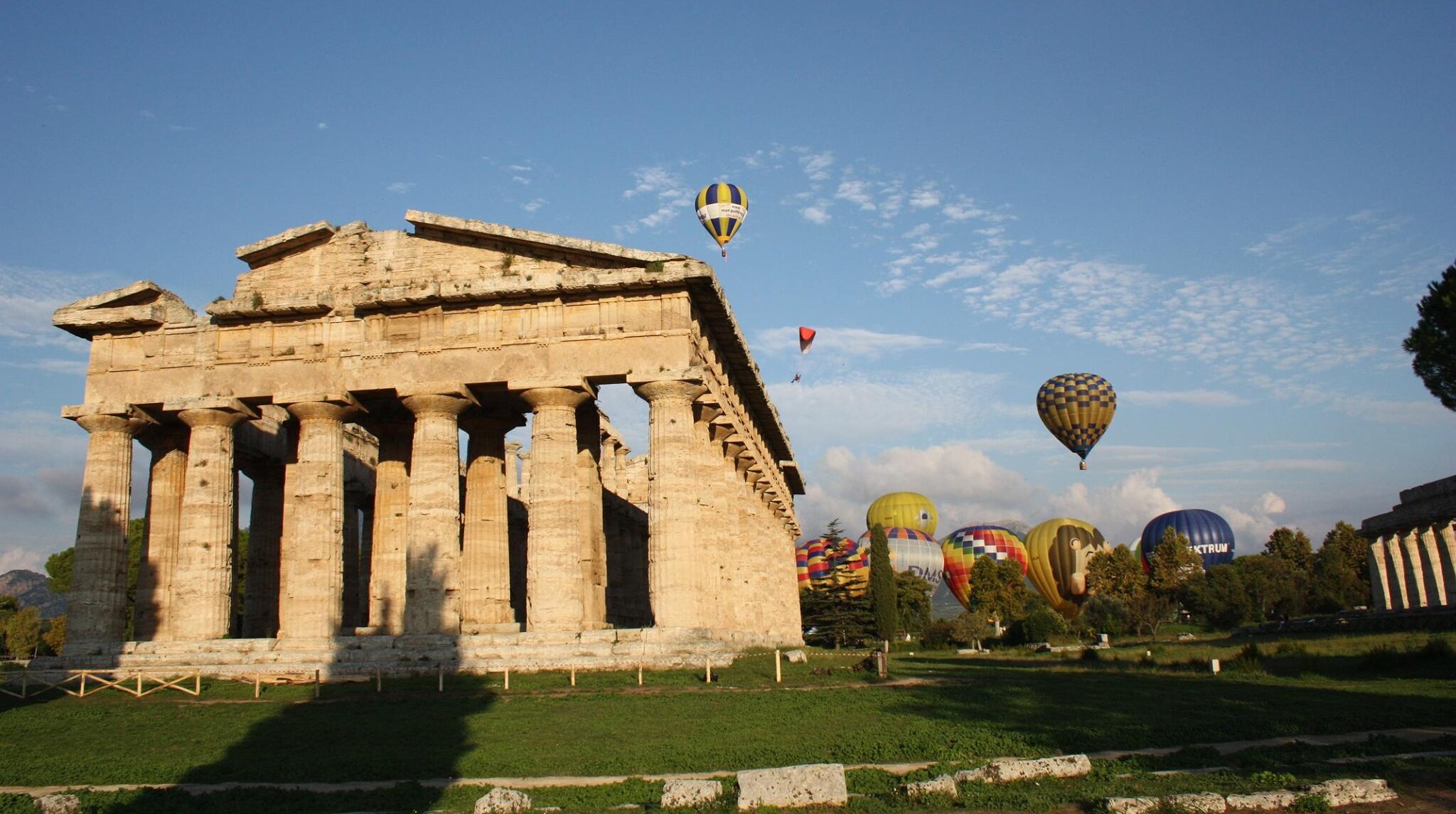 Paestum temple with hot air balloons