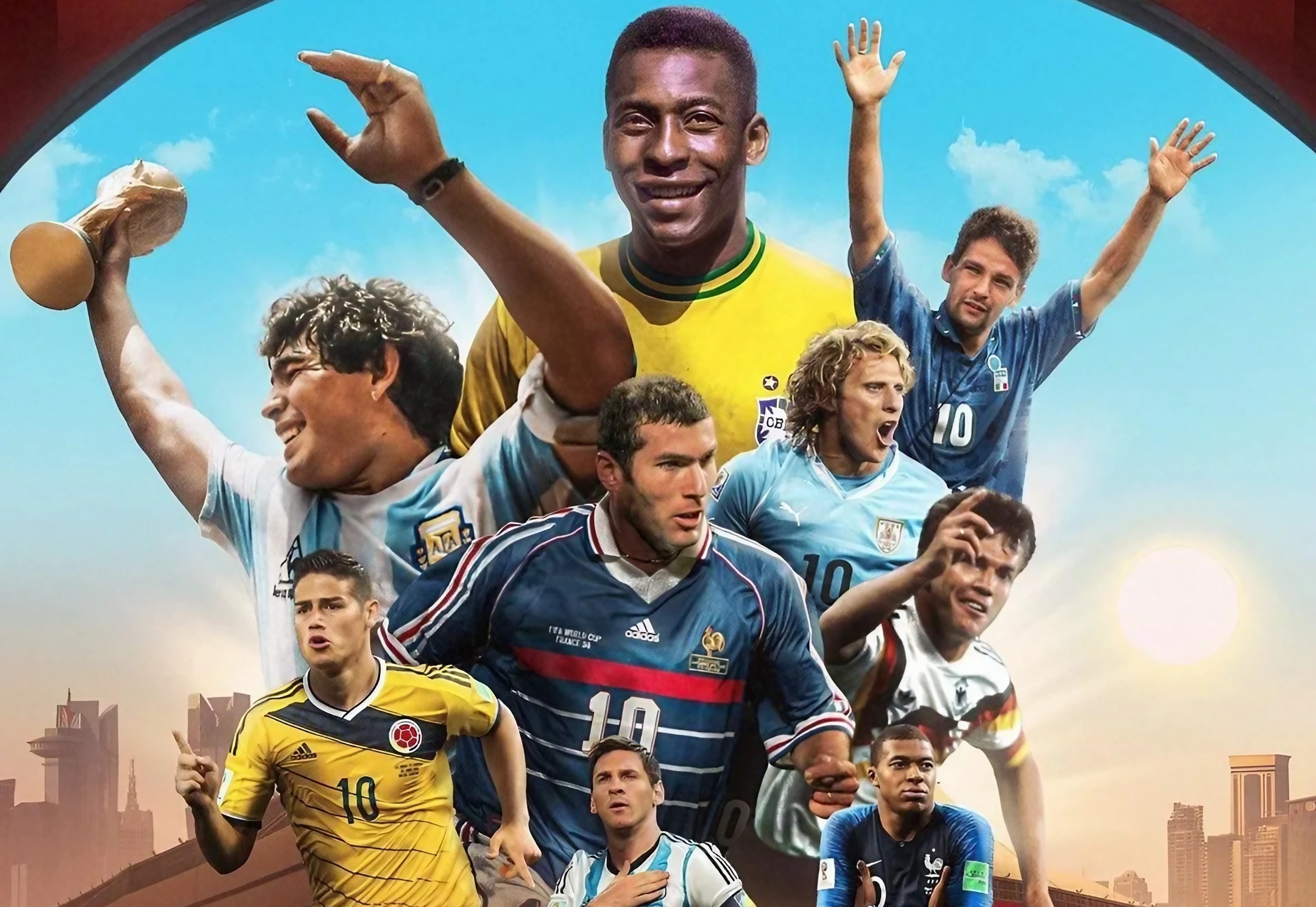 Fotomontage mit den größten Champions, die die FIFA-Weltmeisterschaft gespielt und gewonnen haben.