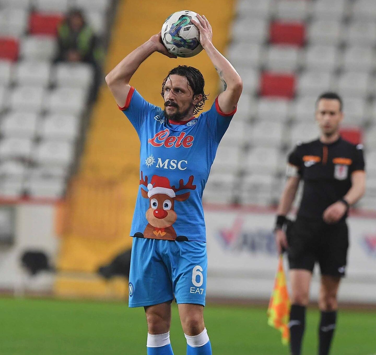 Mario Rui, SSC Napoli player, is preparing to take a throw-in