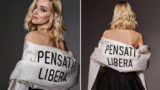 Chiara Ferragni a Sanremo 2023 con la scritta “Pensati Libera”