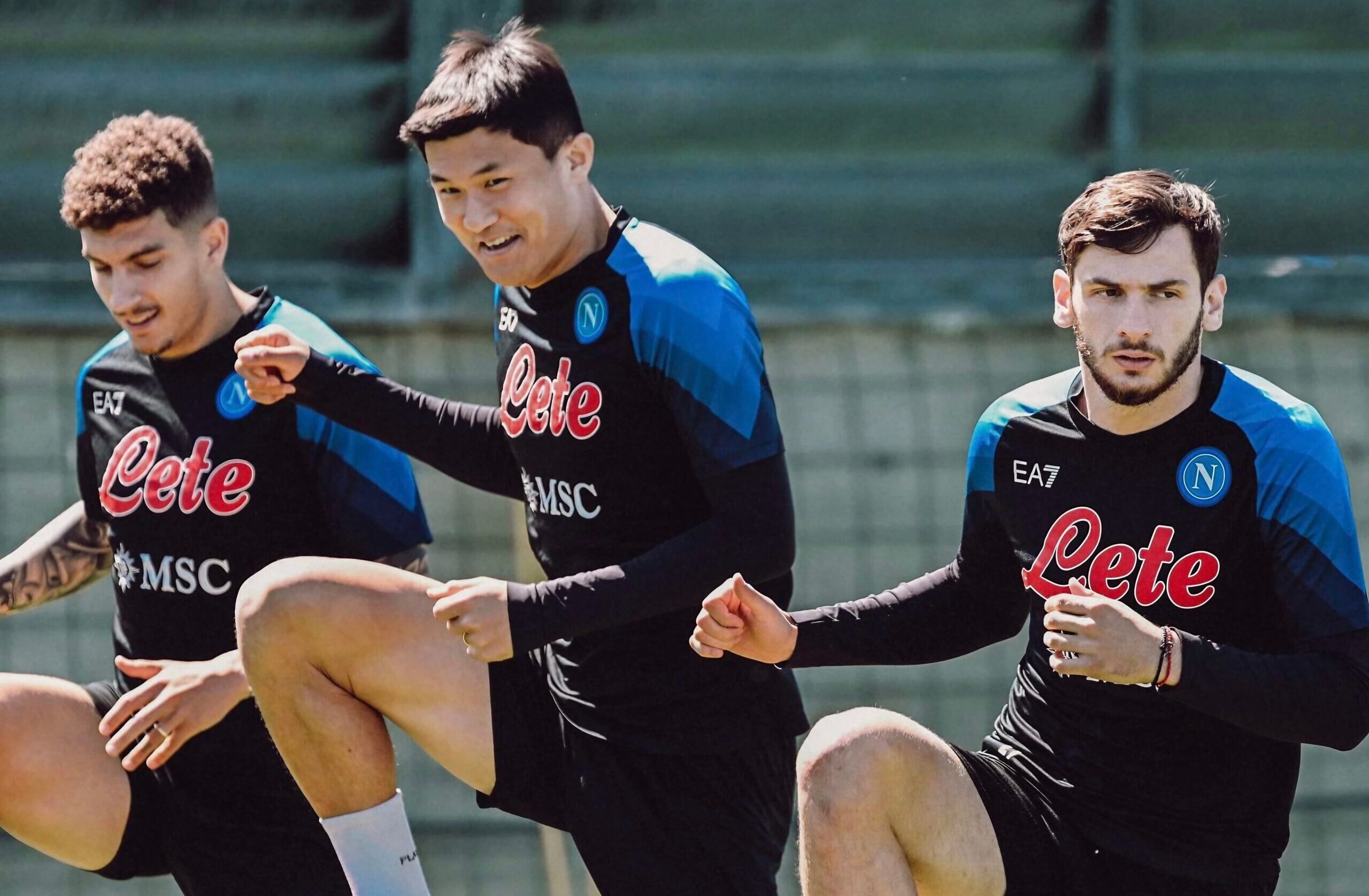 Di Lorenzo, Minjae y Kvaratskhelia, jugadores del SSC Napoli, en un entrenamiento