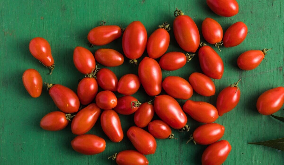 Tomates cherry en mesa verde