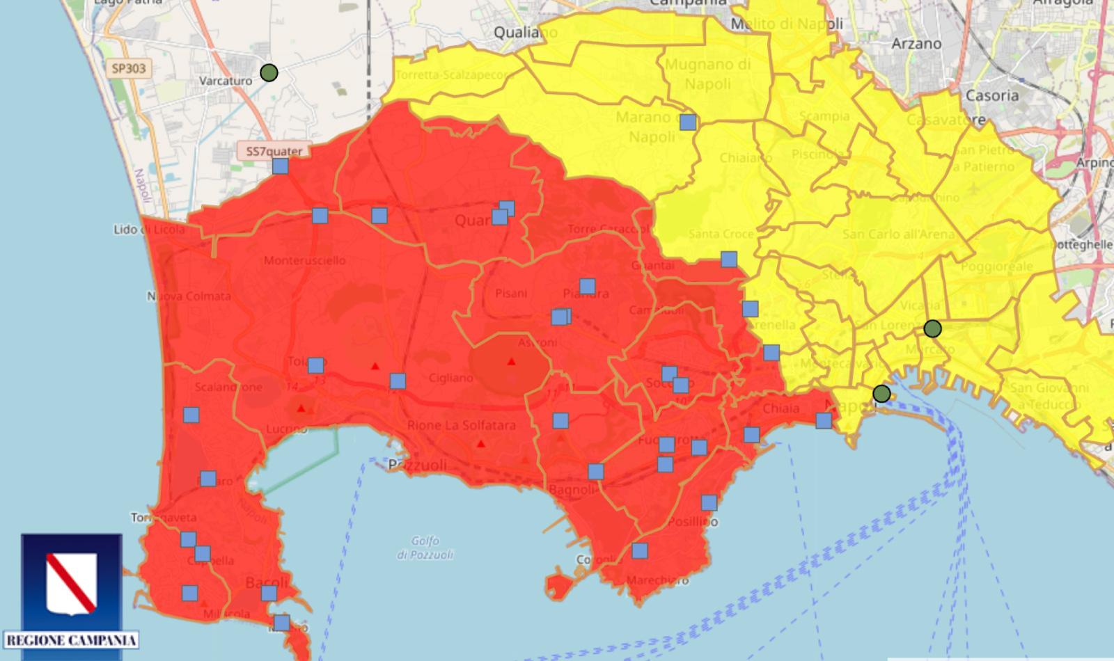 The areas at risk in the Campi Flegrei