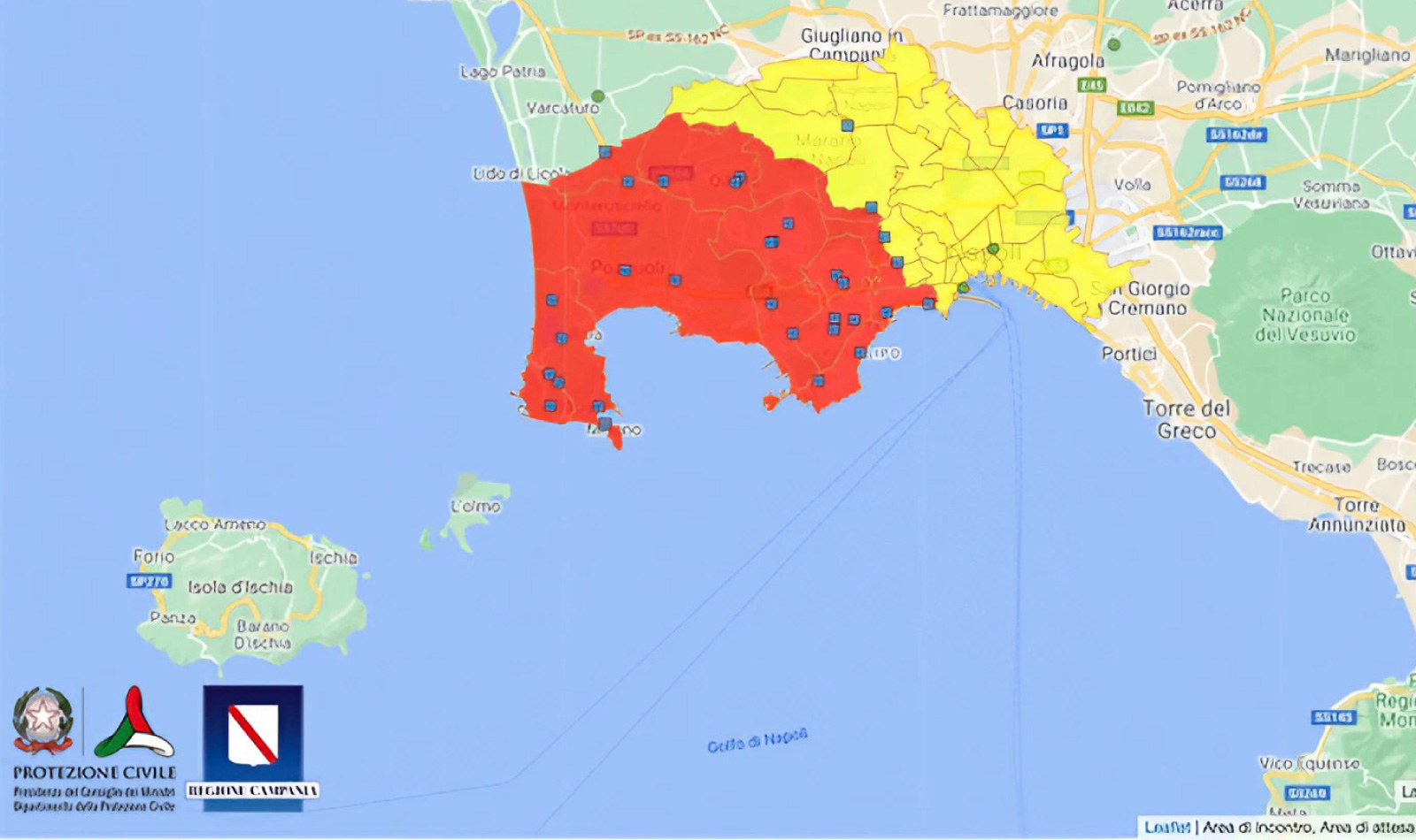 Campi Flegrei em Nápoles, o mapa da zona de risco