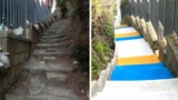 Schiacchetiello en Bacoli, la escalera renovada y colorida. Fotos de antes y después