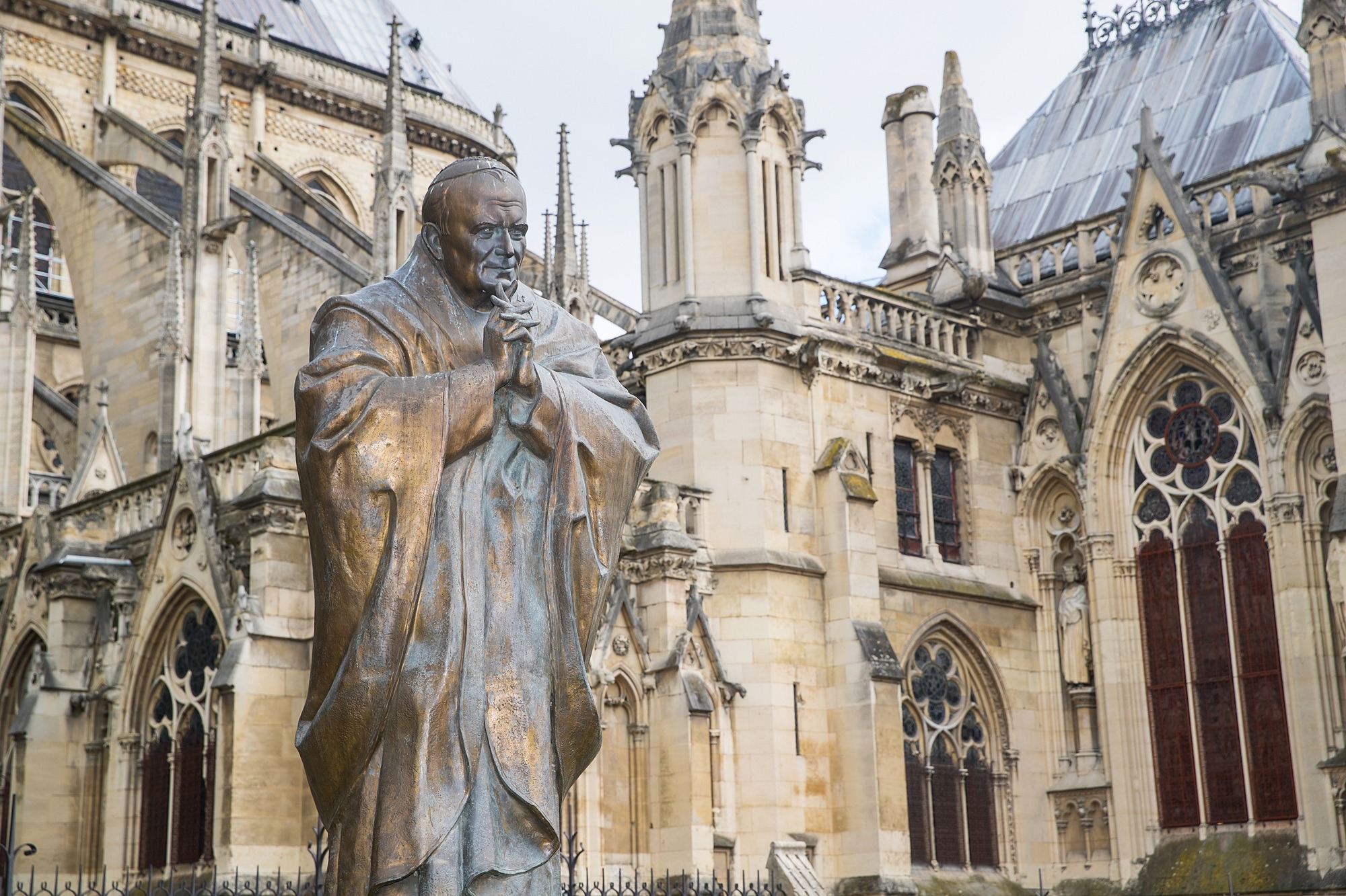 Statue of the Pope outside Notre-Dame Cathedral in Paris, France