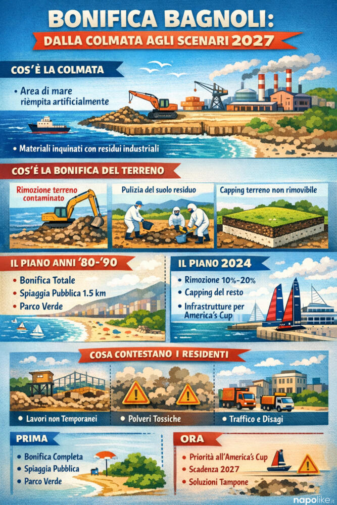 Infografica sulla situazione di Bagnoli, della bonifica e i piani per l'American's Cup