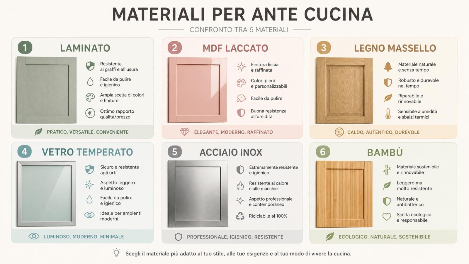 Confronto materiali ante cucina: laminato, MDF laccato, legno massello, vetro temperato, acciaio inox, bambù