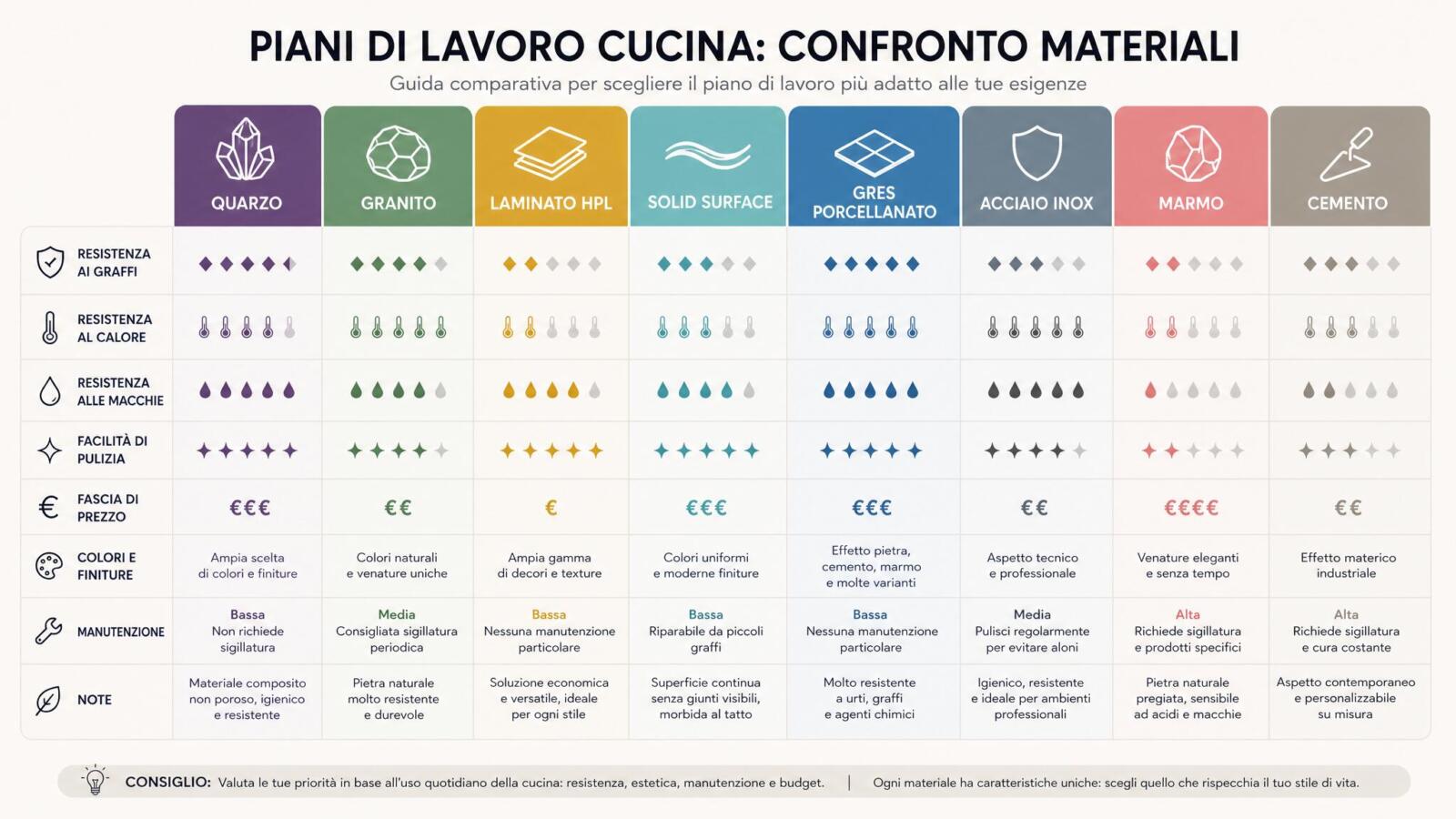 Confronto materiali piani di lavoro cucina: quarzo, granito, laminato HPL, solid surface, gres porcellanato, acciaio, marmo, cemento