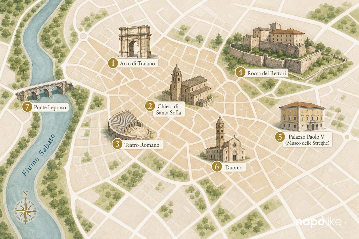 Mappa di Benevento con i monumenti principali