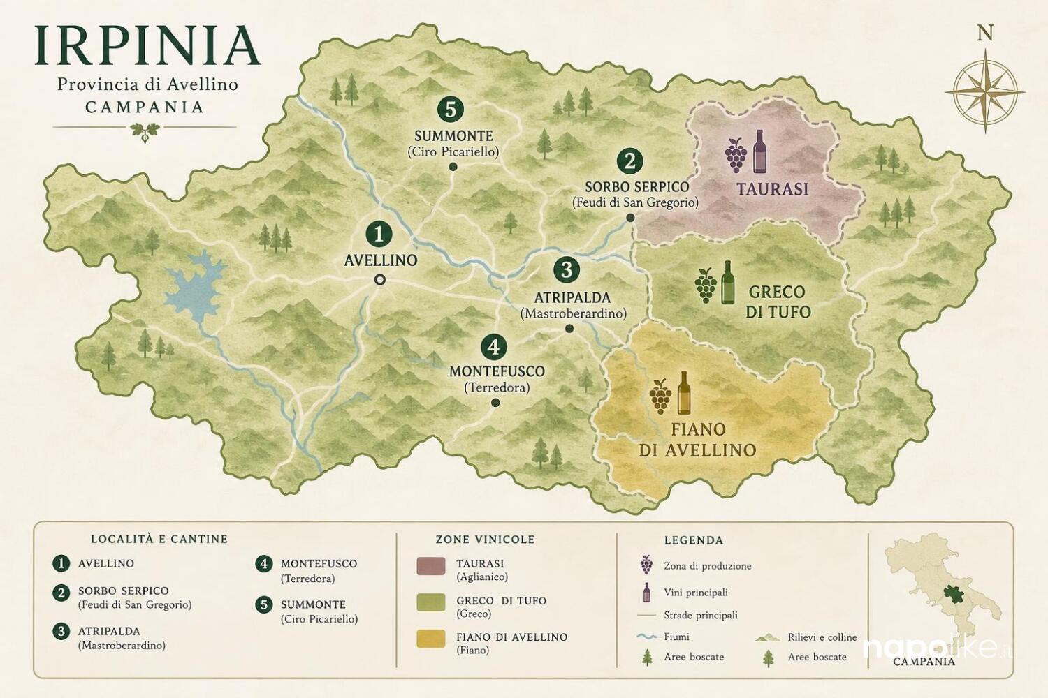 Mappa delle migliori cantine dell'Irpinia: Taurasi, Greco di Tufo e Fiano