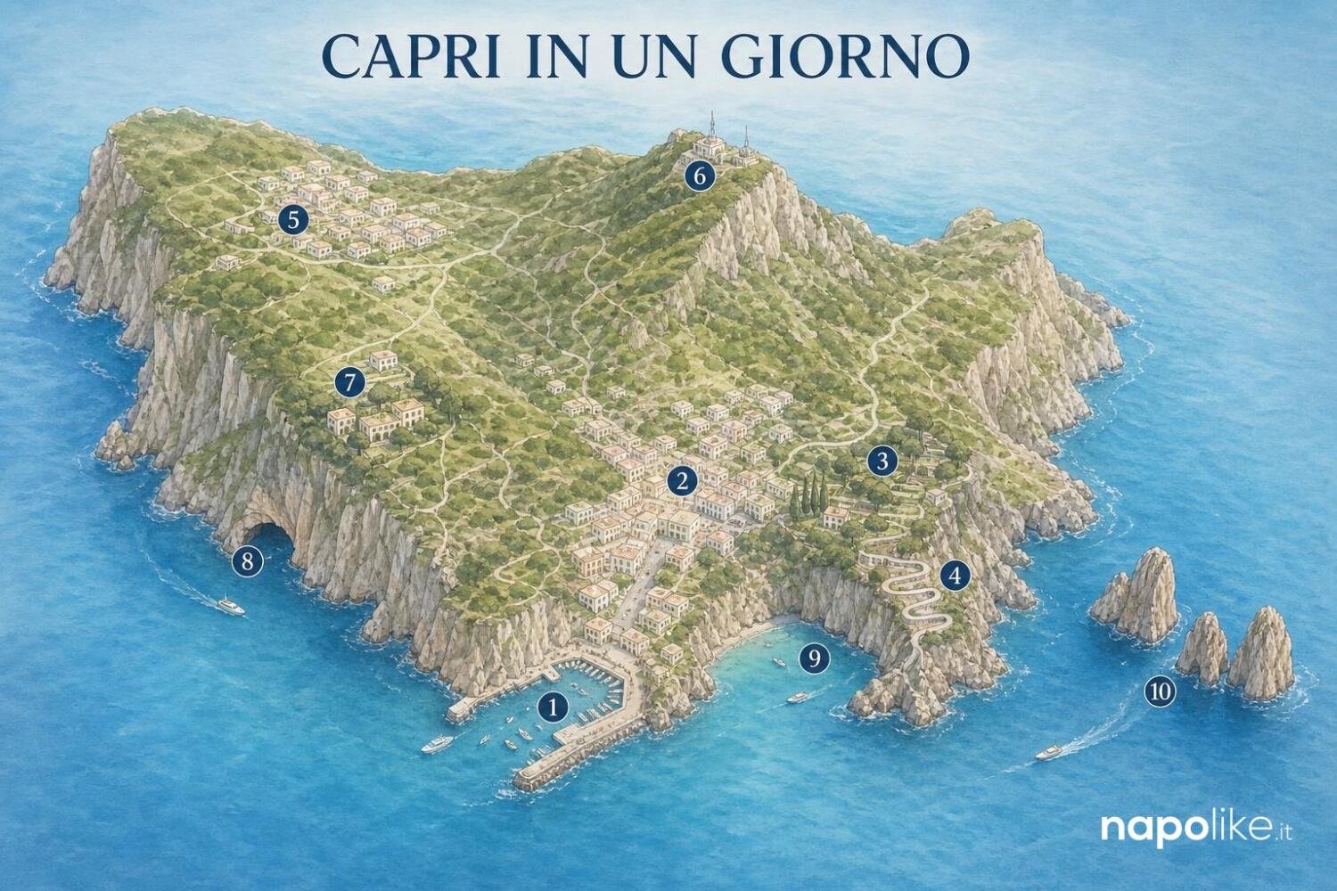 Mappa di Capri con i luoghi dell itinerario in un giorno