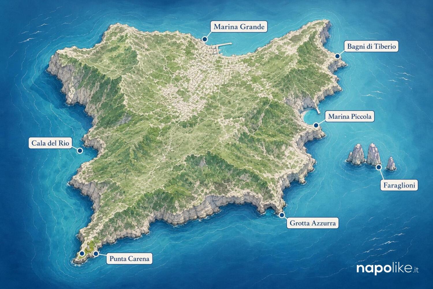 Le spiagge di Capri in una mappa Mappa delle spiagge di Capri