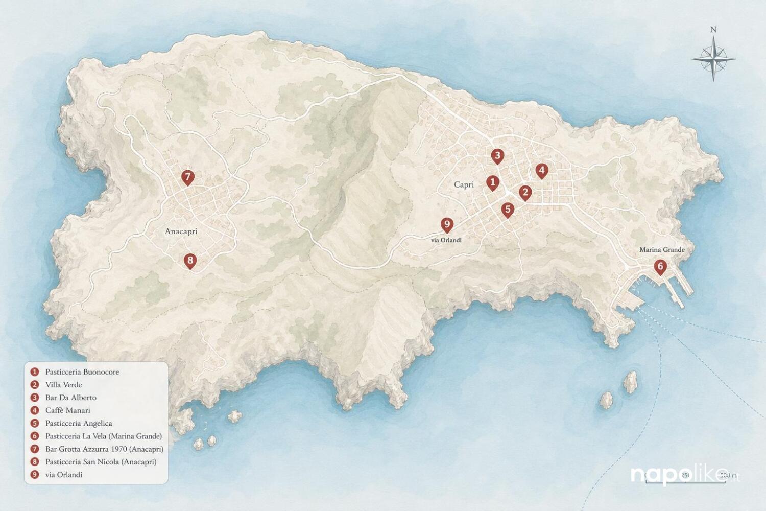 Mappa di Capri con le pasticcerie della torta caprese