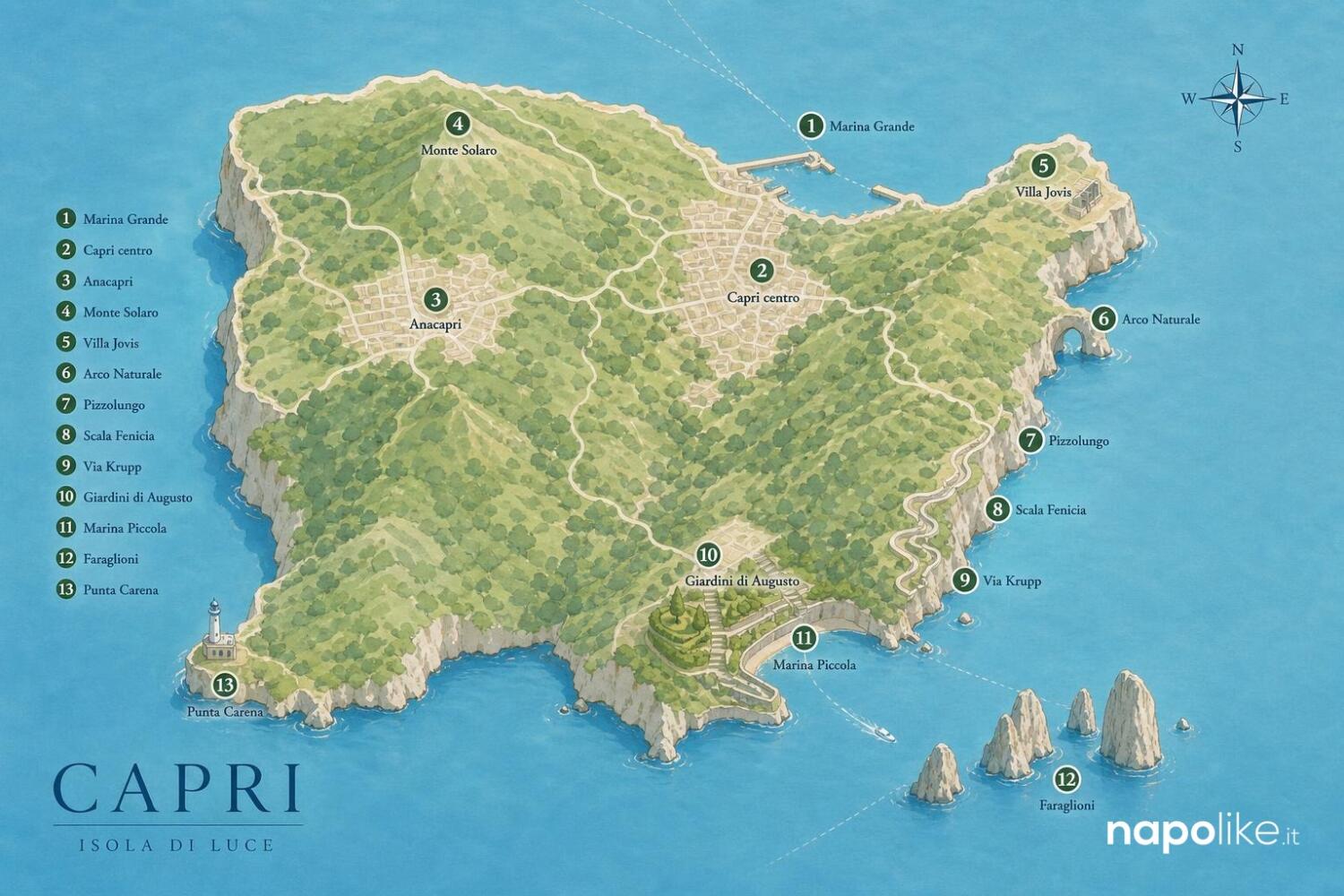 Mappa di Capri con gli itinerari a piedi