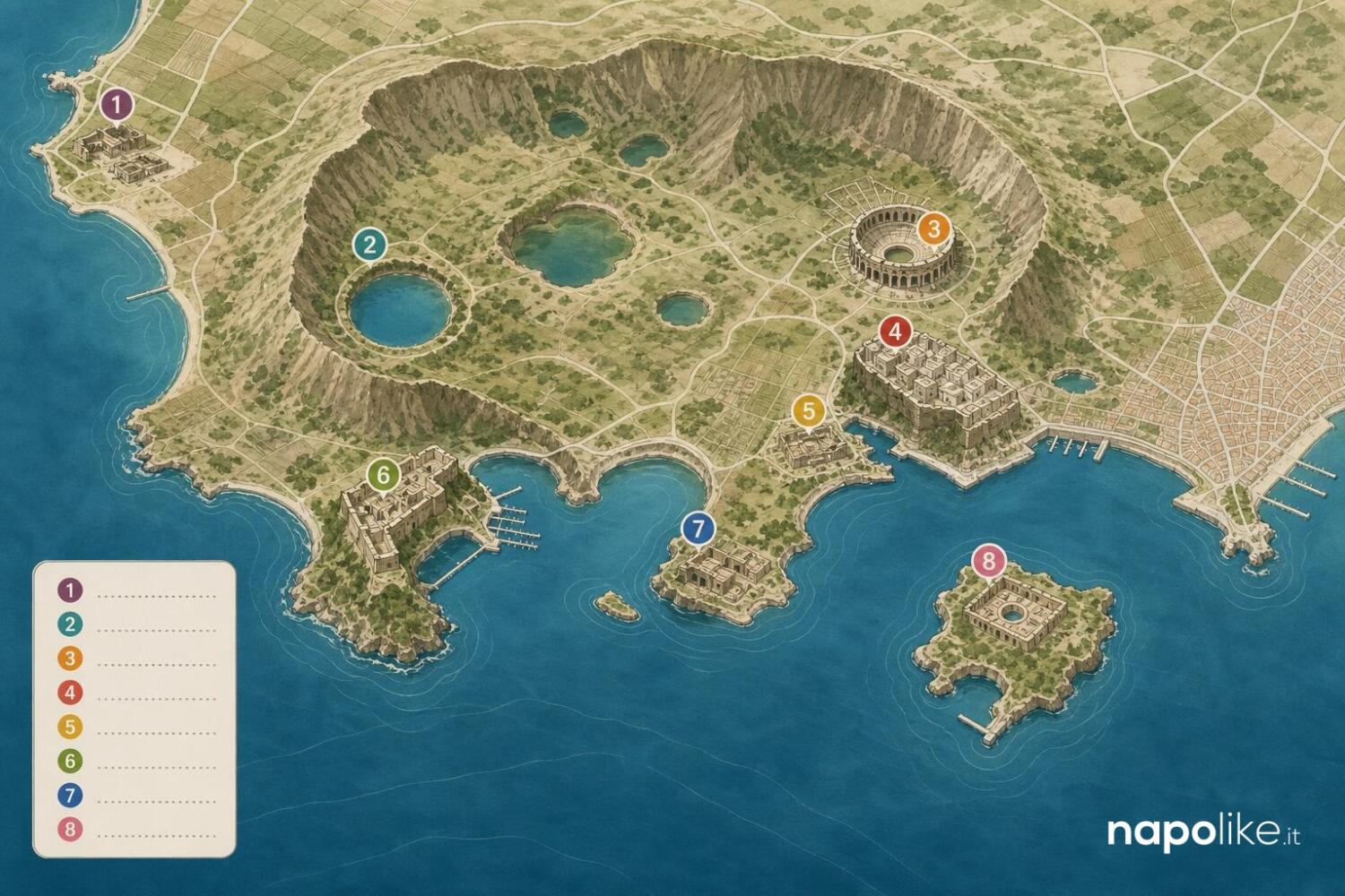 Infografica mappa dei Campi Flegrei: Cuma, Lago d Averno, Anfiteatro Flavio, Rione Terra, Macellum, Castello di Baia, Terme di Baia, Piscina Mirabilis