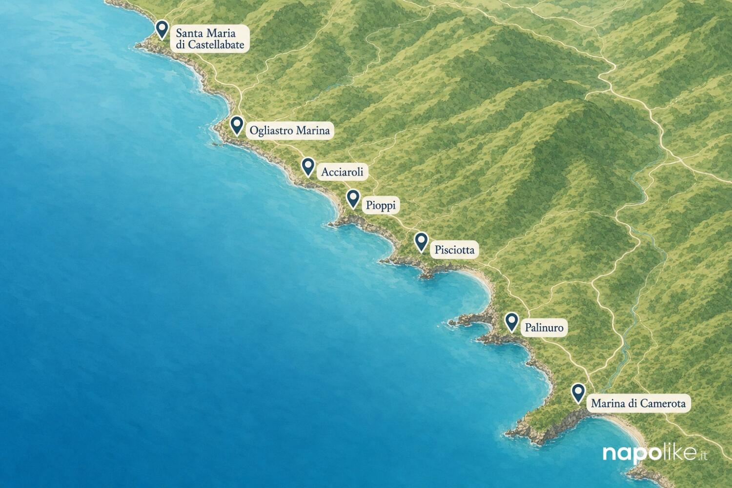 Mappa del Cilento con i ristoranti di pesce segnalati