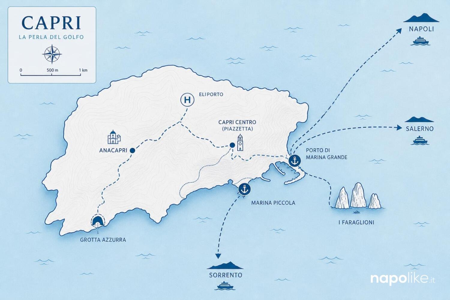 Infografica mappa di Capri con porti, funicolare e collegamenti marittimi da Napoli, Sorrento e Salerno