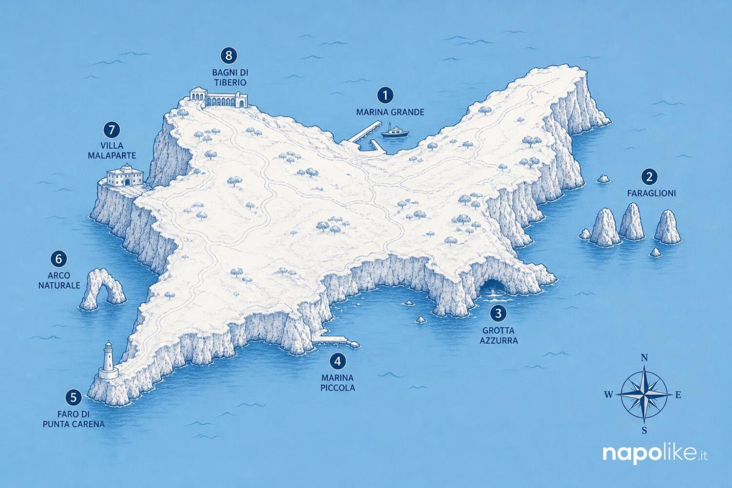 Infografica mappa del giro dell'isola di Capri in barca