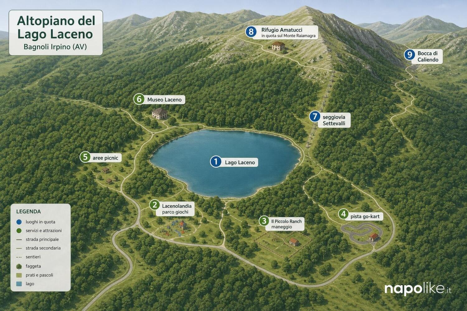 Mappa infografica del Lago Laceno con le principali attività e luoghi citati