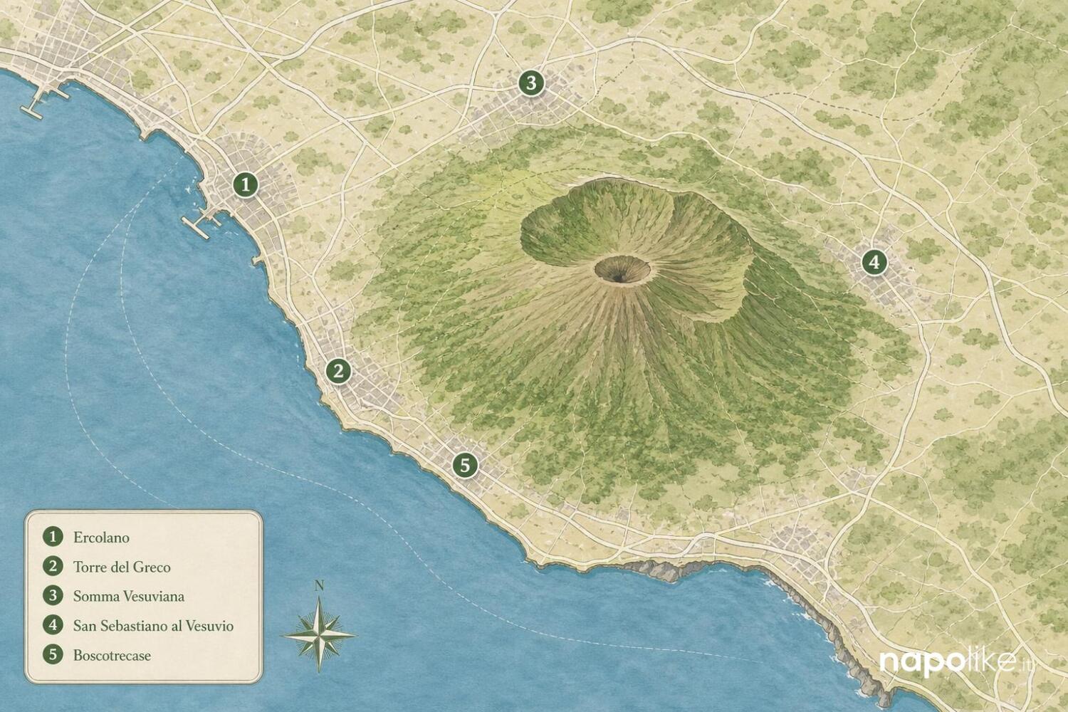 Mappa dei borghi vesuviani: Ercolano, Torre del Greco, Somma Vesuviana, San Sebastiano al Vesuvio, Boscotrecase