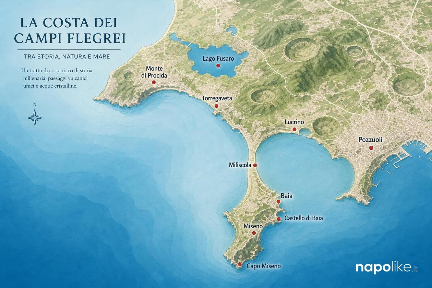 Mappa delle spiagge dei Campi Flegrei: Miseno, Miliscola, Baia, Lucrino, Torregaveta