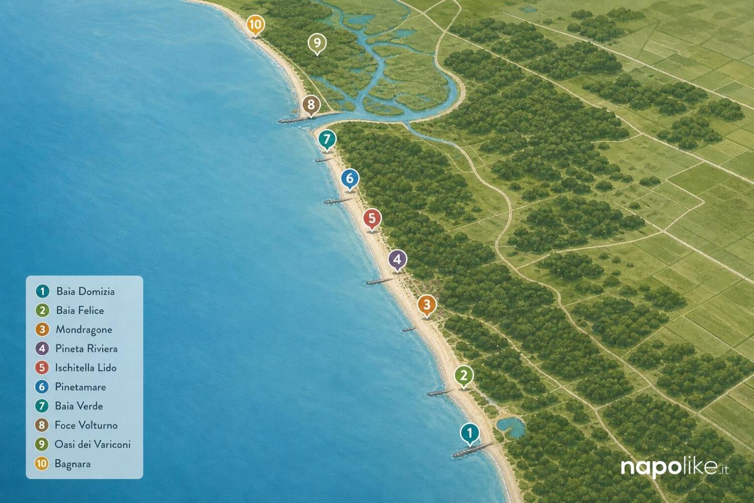Mappa delle spiagge del Litorale Domizio