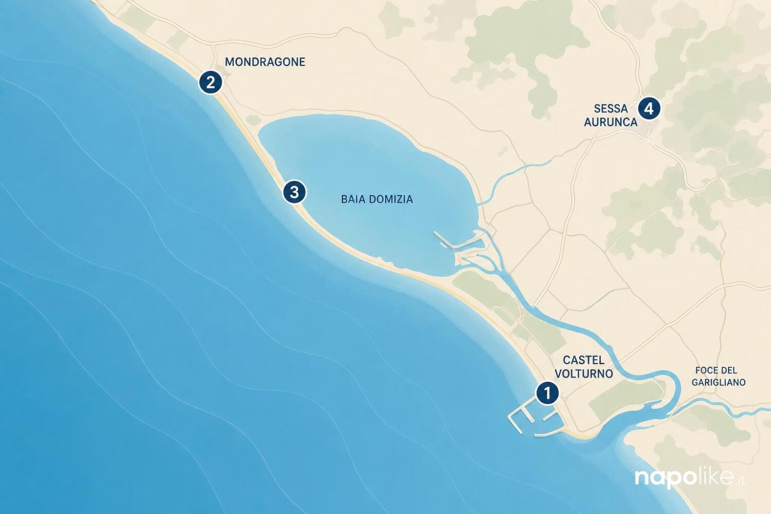 Mappa del Litorale Domizio con i ristoranti di pesce segnalati