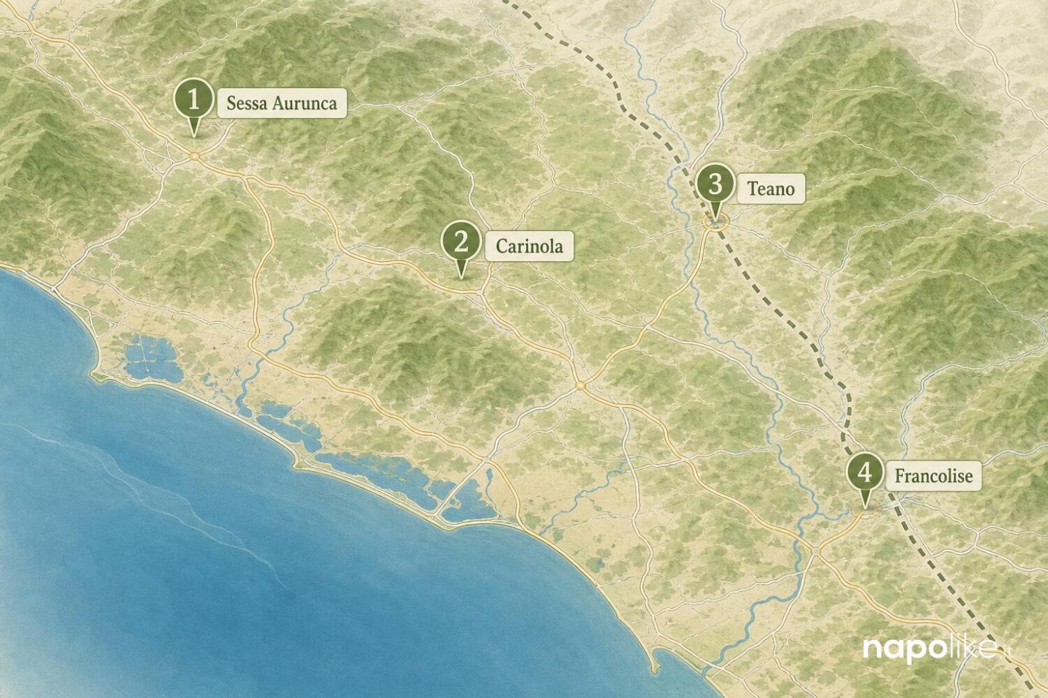Mappa dei borghi del Litorale Domizio: Sessa Aurunca, Carinola, Teano, Francolise