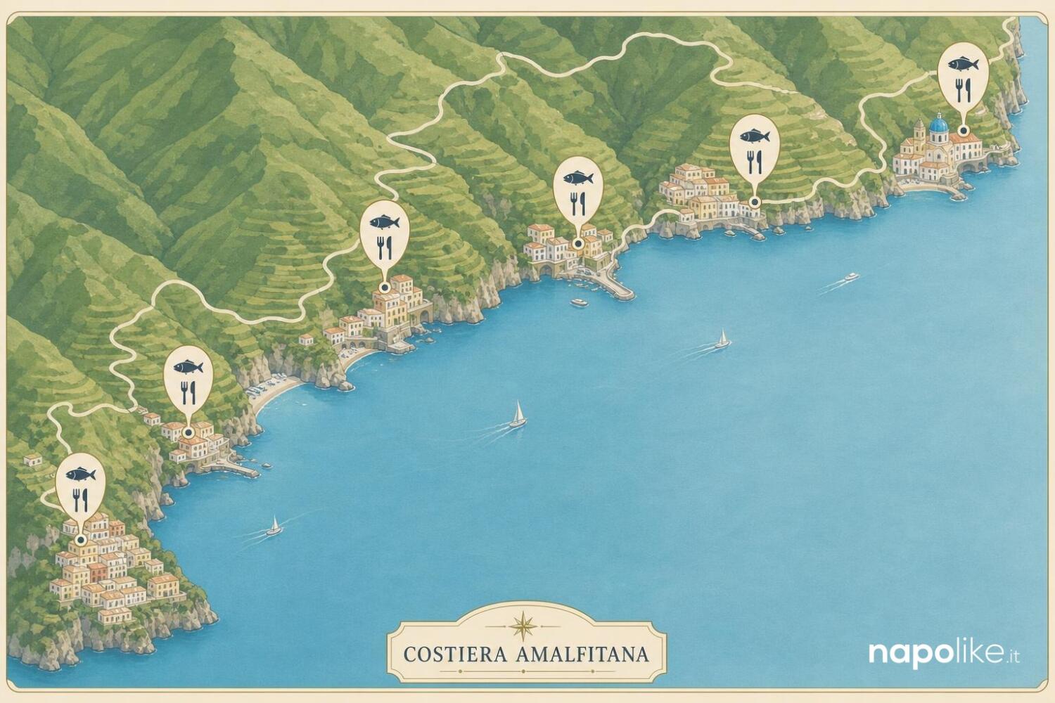 Mappa della Costiera Amalfitana con i ristoranti di pesce consigliati