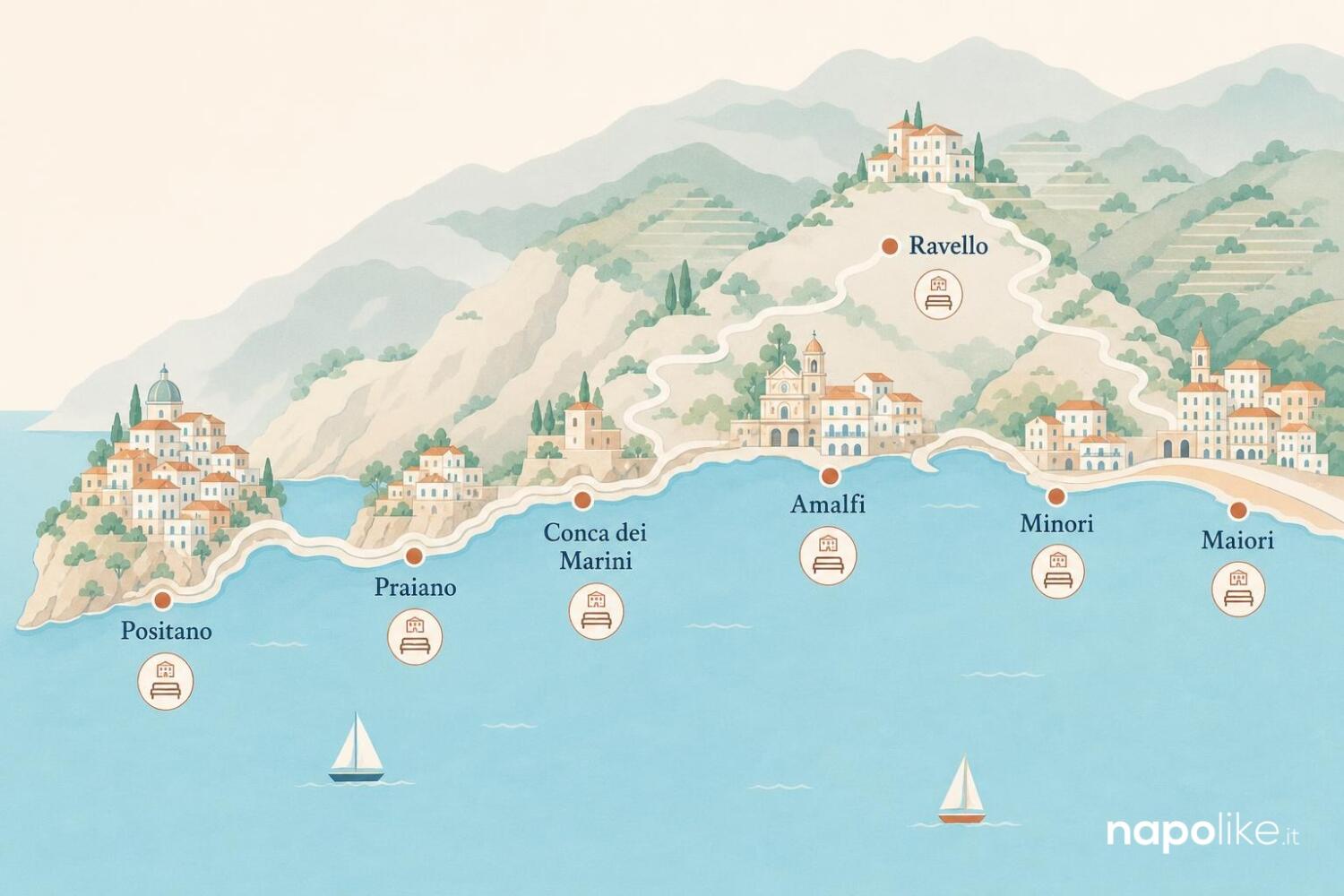 Mappa della Costiera Amalfitana con gli hotel e B&B consigliati