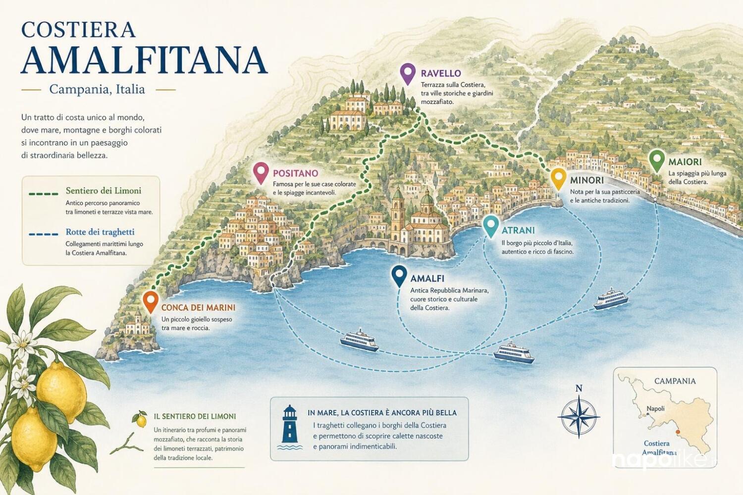Mappa della Costiera Amalfitana con le tappe del weekend
