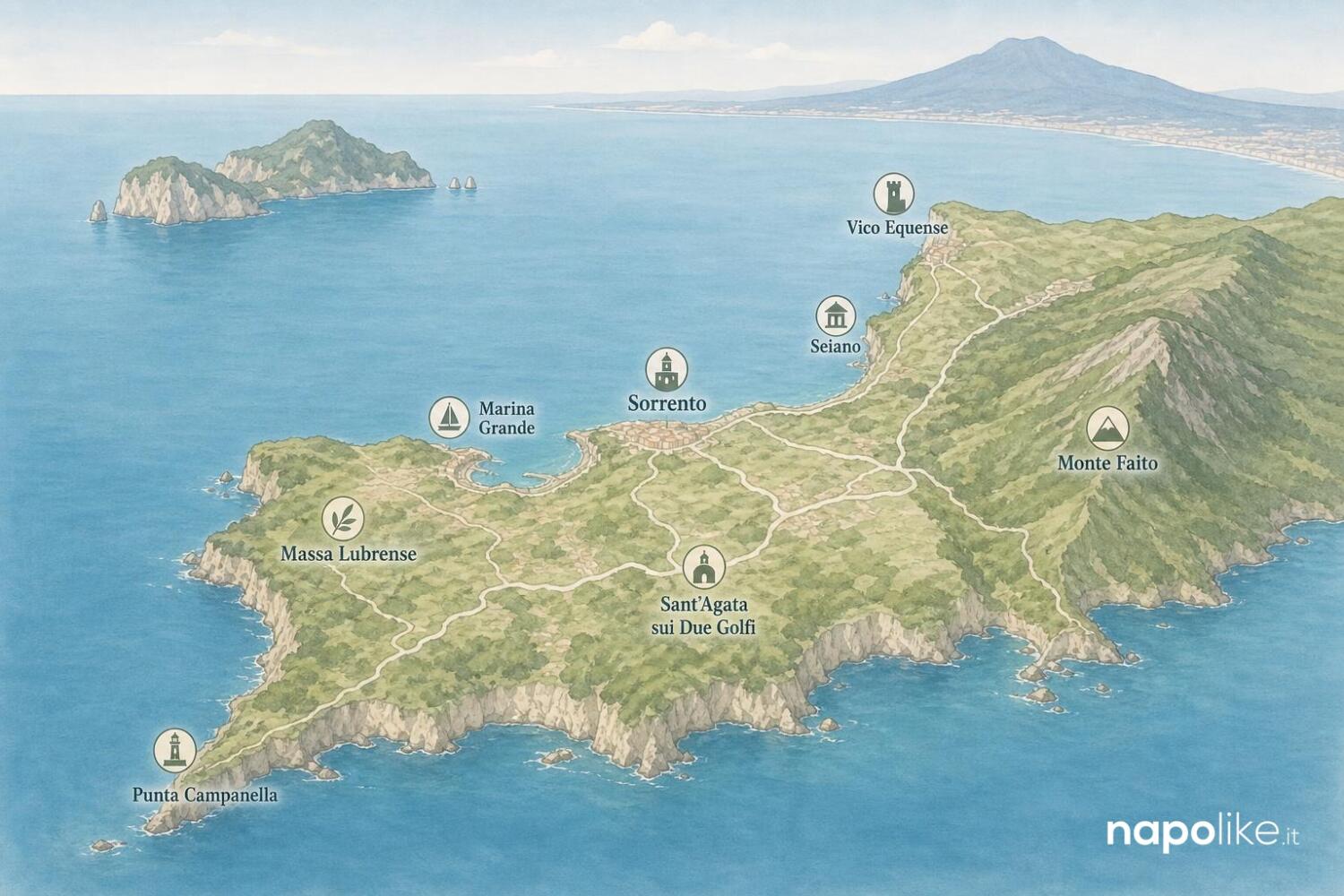 Mappa della penisola sorrentina con le località e gli hotel citati