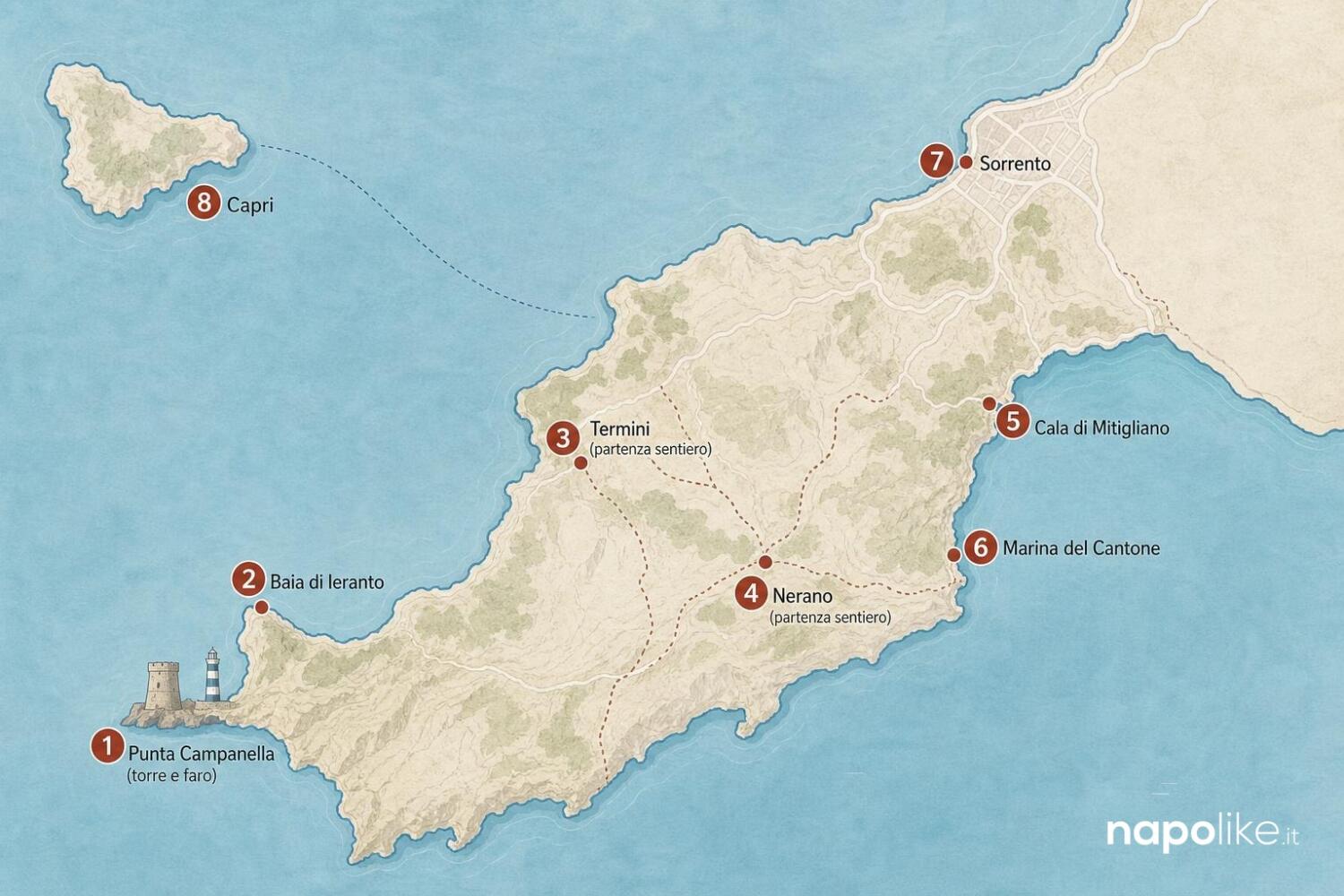 Mappa dei sentieri di Punta Campanella e della Baia di Ieranto
