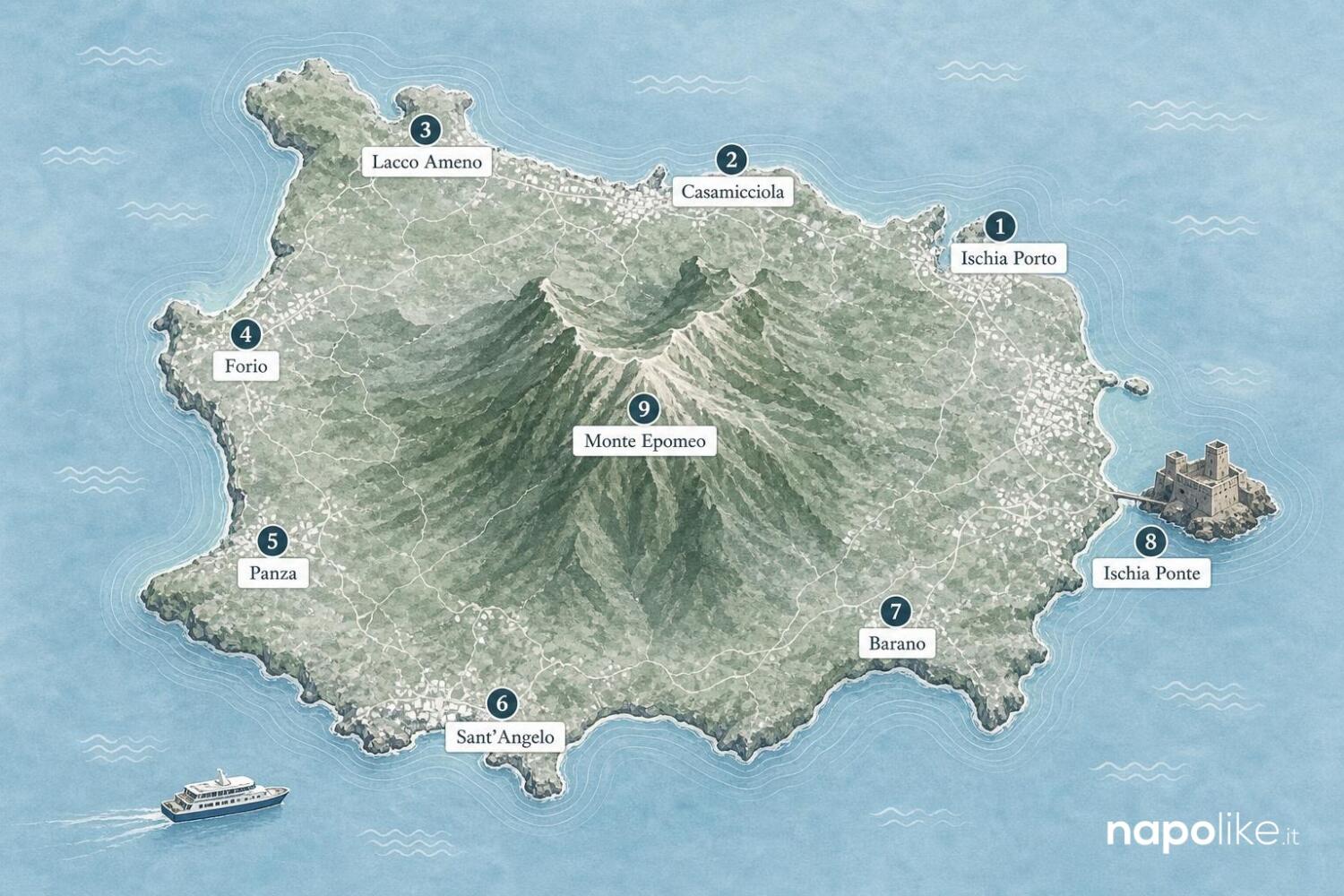 Mappa di Ischia in inverno con i luoghi citati