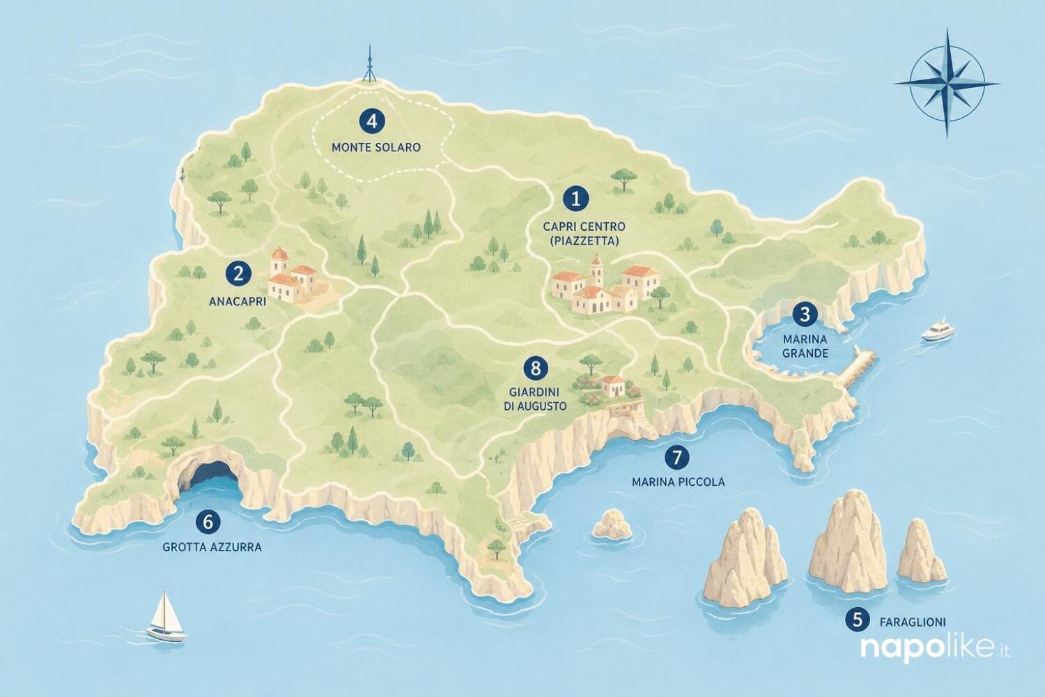Mappa di Capri con gli hotel e i luoghi citati