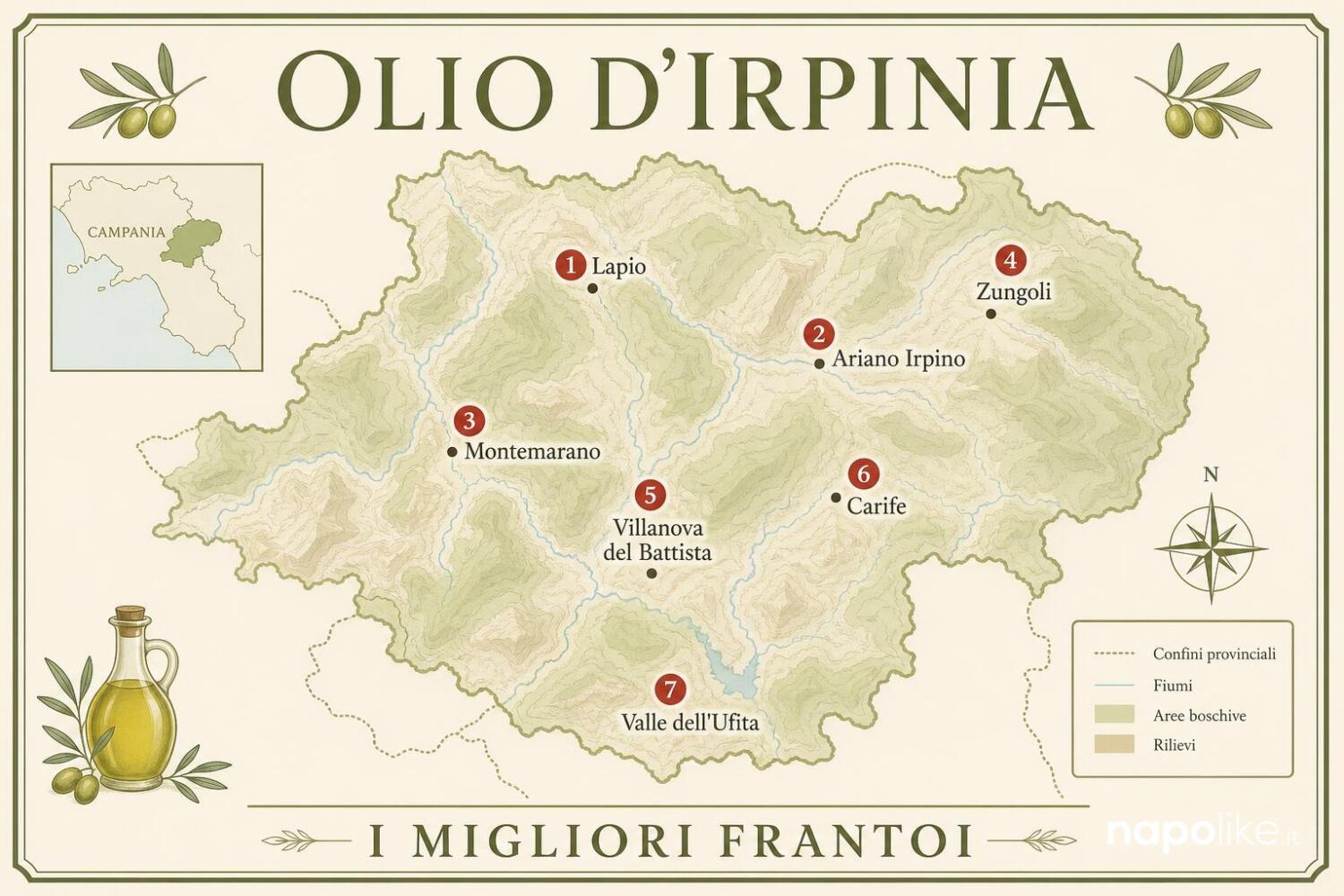 Mappa dell'Irpinia con i frantoi di olio extravergine: Lapio, Ariano Irpino, Montemarano, Zungoli, Villanova del Battista, Carife